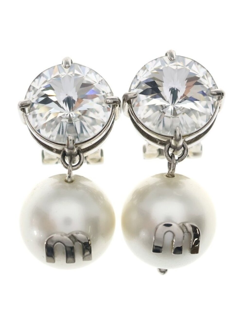 Miu Miu Crystal Pearl Earrings Silver White